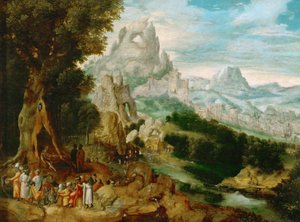Paysage avec Saint Jean Baptiste prechant - Landskap med Johannes Döparen som predikar, av Herri met de Bles (Henri Bles) (1510-1550). Olja på trä, ca 1535-1540. Mått: 29x39 cm. Konsthistoriska museet, Vienne