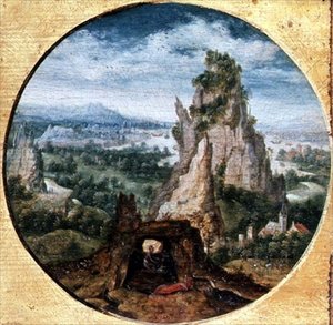 St. Hieronymus i ånger i ett fantastiskt landskap