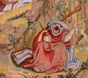 flamländsk gobeläng. Serie fyra gobelänger efter Hieronymus Bosch. Sankt Antonius i bön (San Antonio en oración). Andra gobeläng i serien. Modell Inspirerad av Hieronymus Boschs verk. Tillverkning Okänd verkstad, Bryssel. Före 1560. Tyg Go