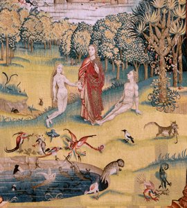 flamländsk gobeläng. Serie fyra gobelänger efter Hieronymus Bosch. The Garden of Earthly Delights (Jardín de las Delicias). Fjärde gobelängen i serien. Modell Inspirerad av Hieronymus Boschs verk. Tillverkning Okänd verkstad, Bryssel. Före 1560. Fa