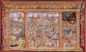 flamländsk gobeläng. Serie fyra gobelänger efter Hieronymus Bosch. The Garden of Earthly Delights (Jardín de las Delicias). Fjärde gobelängen i serien. Modell Inspirerad av Hieronymus Boschs verk. Tillverkning Okänd verkstad, Bryssel. Före 1560. Fa