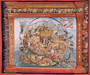 flamländsk gobeläng. Serie fyra gobelänger efter Hieronymus Bosch. Människolivets vedermödor (Tribulaciones de la vida humana). Tredje tapeten i serien. Modell Inspirerad av Hieronymus Boschs verk. Tillverkning Okänd verkstad, Bryssel. Före 1560