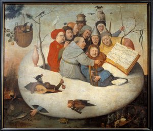 Konserten i ägget Satir av alkemi symboliserad av det filosofiska ägget. Målning efter Hieronymus Van Aeken (Aken) dit Jerome Bosch (1450-1516) 1400-talet sön. 1,08x1,26 m Lille, musee des Beaux Arts. - Konserten i ägget. Satir av alkemi sym