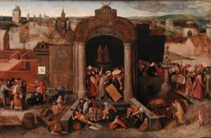 Kristus driver handlarna från templet, ca 1570-5 (olja på panel) av Hieronymus (follower of) Bosch