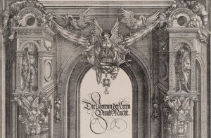 Den övre delen av ingången till den centrala portalen med en bevingad figur som håller I..., 1515.