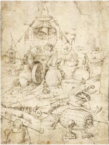 Infernal Landscape par Bosch, Hieronymus (ca 1450-1516). Penna, brunt indiskt bläck på papper, ca. 1500, Privat samling av Hieronymus Bosch