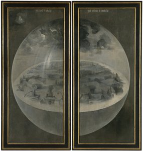Skapandet av världen som representerar jordens kosmiska sfär (bubbla). Baksidan av luckorna på triptyken ""De jordiska njutningarnas trädgård"". Målning av Hieronymus Van Aeken (Aken) känd som Hieronymus Bosch (1450-1516)