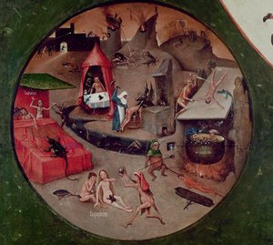 Tabletop of the Seven Deadly Sins and the Four Last Things, detalj av helvetet, ca 1480 (olja på panel) av Hieronymus Bosch