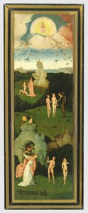 The Haywain: vänstra flygeln av triptyken föreställande Edens lustgård, ca 1500 (panel) av Hieronymus Bosch