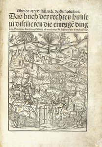 Titelsida, illustrerande örtdestillerier med figurer i ett landskap av Hieronymus Brunschwig