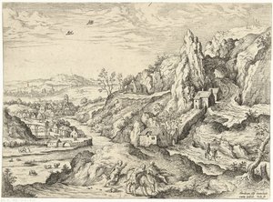 Abraham och Isak på väg till offerplatsen Landskap med bibliska och mytologiska scener (serietitel) av Hieronymus Cock