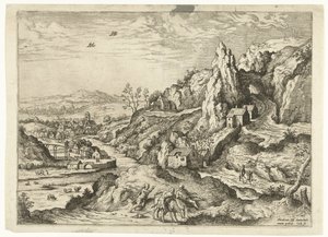 Abraham och Isak på väg till offerplatsen Landskap med bibliska och mytologiska scener (serietitel) av Hieronymus Cock