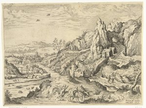 Abraham och Isak på väg till offerplatsen Landskap med bibliska och mytologiska scener (serietitel) av Hieronymus Cock