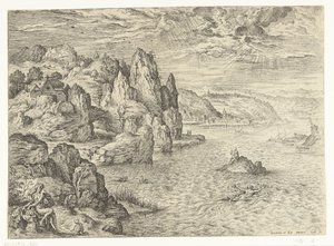 Kustlandskap med Hero och Leander Hero och Leander Landskap med bibliska och mytologiska scener (serietitel) av Hieronymus Cock