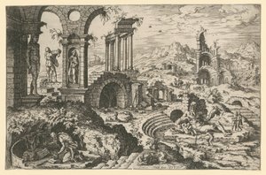 Den helige Hieronymus i ett ruinlandskap av Hieronymus Cock