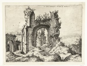 Första utsikten över Caracalla-baden Ex Rvinis Thermarvm Antonii Pii (...) (titel på objekt) Romerska ruiner (serietitel) av Hieronymus Cock