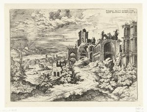 Utsikt över Palatine Hill med soluppgången Rvinarvm palatii maioris (...) (titel på objekt) Romerska ruiner (serietitel) av Hieronymus Cock