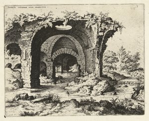 Vy över en ruin i Rom Incerte cvivs dam ravine prospect vs (titel på objekt) Romerska ruiner (serietitel) av Hieronymus Cock