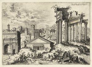 Utsikt över Forum Romanum från Capitolium Ex variis, apvd capitolvm rvinis (...) (titel på objekt) Romerska ruiner (serietitel) av Hieronymus Cock