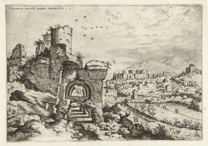 Utsikt över Palatine Hill på Caracalla-baden Rvinarvm palatii maioris prospects 4 (titel på objekt) Romerska ruiner (serietitel) av Hieronymus Cock