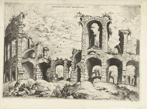 Andra utsikten över Colosseum i Rom Collossæi ro alivs prospectvs (titel på objekt) Romerska ruiner (serietitel) av Hieronymus Cock