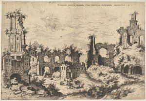 Utsikt över ruiner på Palatinerkullen med trabeated fasad till vänster och arkader i mitten, fr..., 1550.