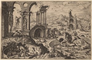 Saint Hieronymus i ett landskap med ruiner av Hieronymus Cock after Maerten van Heemskerck