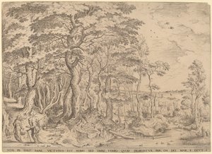Landskap med Kristi frestelse av Hieronymus Cock after Pieter Bruegel the Elder