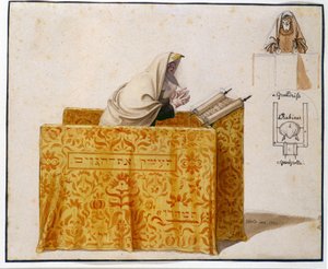 Akvarell, fjäder, 27 x 33 cm. Rabbi i en synagoga, teckning av Hieronymus Hess (1799 - 1850), projekt för statyett. (JM 1190) Judiska museet Basel, Schweiz. av Hieronymus Hess