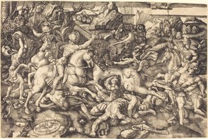 Strid mellan ryttare och fotsoldater av Hieronymus Hopfer after Raphael
