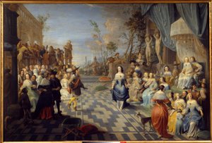 Bal på terrassen i ett palats, tidigare kallad bal vid Don Juans domstol Målning av Hieronymus Janssens dit le Dancer (1624-1693) (ec.flam.) 1658 Sön. 1,14x1,7m Lille, Musee des Beaux Arts