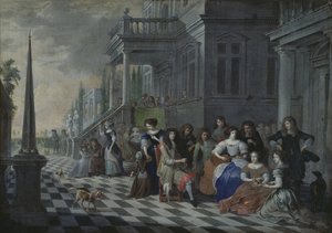 Karaktärer som gör musik framför ett palats, 1672