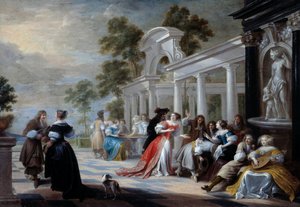 Spelet Hot Hand Unga människor från den flamländska adeln spelar i en park. Målning av Hieronymus Janssens dit le Dancer (1624-1693) 1600-talet sön. 0,58x0,83 m