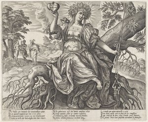 Guldåldern: naturens lag Prima Ætas (titel på objekt) Personifieringar av de tre lagarna styr världens tre åldrar (serietitel) av Hieronymus Wierix