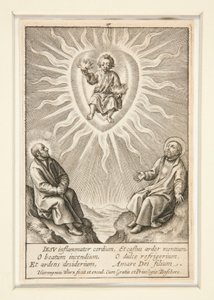 Spädbarnet med ett flammande hjärta mellan Ignatius av Loyola och Francis Xavier av Hieronymus Wierix