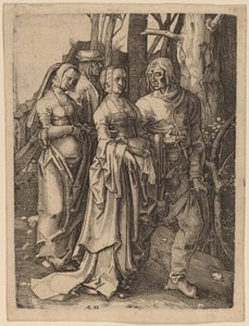 De två paren i skogen av Hieronymus Wierix after Lucas van Leyden