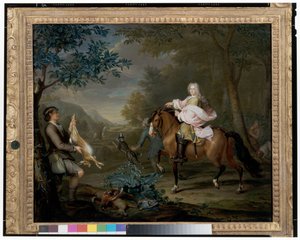 En gentleman till häst med jägare i ett vidsträckt landskap av Hieronymus van der Mij