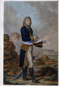 Porträtt av kejsar Napoleon Bonaparte (1769-1821). (Porträtt av kejsar Napoleon Bonaparte). Verk av Hilaire Ledru (1769-1840), gravyr färgad i akvarell, cirka 1810. Fransk konst av Hilaire Ledru