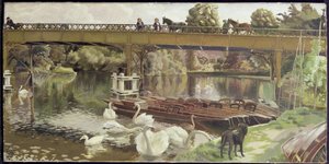 Swans, Cookham Bridge (olja på duk) av Hilda Carline