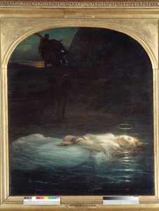 Det unga martyrskapet Liket av en ung kristen martyr som bär en aureol som flyter på en vattenmassa. Målning av Paul Delaroche (1797-1856) 1855 Sön. 1,7x1,48 m Paris, Louvren.