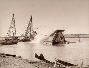 Sprängning av ett mudderverk placerat i en kanal. av Hippolyte Arnoux