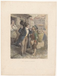 Välklädd herre tänder sin cigarr från pipan till en arbetare i trasor Les extrêmes se touchent (titel på objekt) Litografiska skisser (serietitel) Croquis lithographiques (serietitel på objekt)