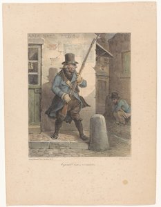 Militären ringer korpral, som gör sina affärer på gatan kaporal! Venez reconnaître (titel på objekt) Litografiska skisser (serietitel) Croquis lithographiques (serietitel)