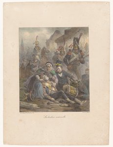Mamma sörjer sin dödligt sårade son på slagfältet La douleur maternelle (titel på objekt) Litografiska skisser (serietitel) Croquis lithographiques (serietitel)