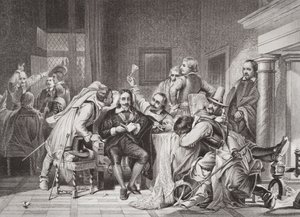 Charles I (1600-49) i vaktrummet förolämpad av Oliver Cromwells soldater, från 