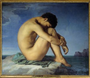 Ung naken man sittande vid havet Tänkare i en reträttposition (introspektion). Målning av Hippolyte Flandrin (1809-1864) 1836. Olja på duk. Sol. 0,98x1,24 m - Ung naken man sitter på kanten av havet. Tänkare i foster, slumrande position av prot