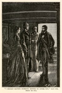 ""Jag beklagar att jag inte har något bättre att erbjuda dig", sa mr Fogg till Fix", ur "Jorden runt på åttio dagar" av Jules Verne (1828-1905), graverad av Henri-Théophile Hildebrand (1824-97). av Hippolyte Leon (after) Benett