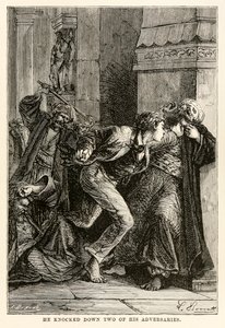 Han slog ner två av sina motståndare, från Around the World in Eighty Days av Jules Verne (1828-1905), graverad av Louis Dumont (f.1822), 1873 av Hippolyte Leon Benett