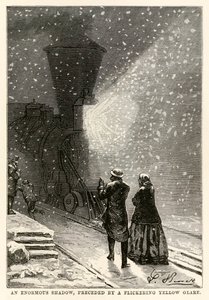 En enorm skugga, som föregås av ett flimrande gult sken, från Jorden runt på åttio dagar av Jules Verne (1828-1905) graverad av Adolphe François Pannemaker (1822-1900), 1873 av Hippolyte Leon after Benett