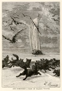 Och ibland en flock prärievargar, från Around the World in Eighty Days av Jules Verne (1828-1905) graverad av Louis, 1873